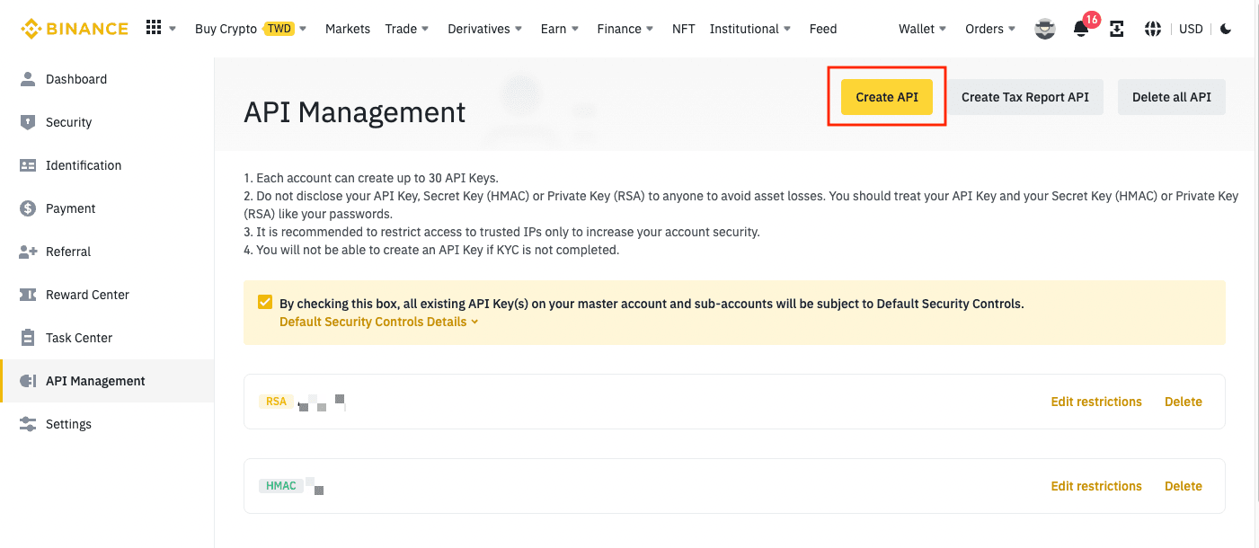 How do I create an API key in Binance?