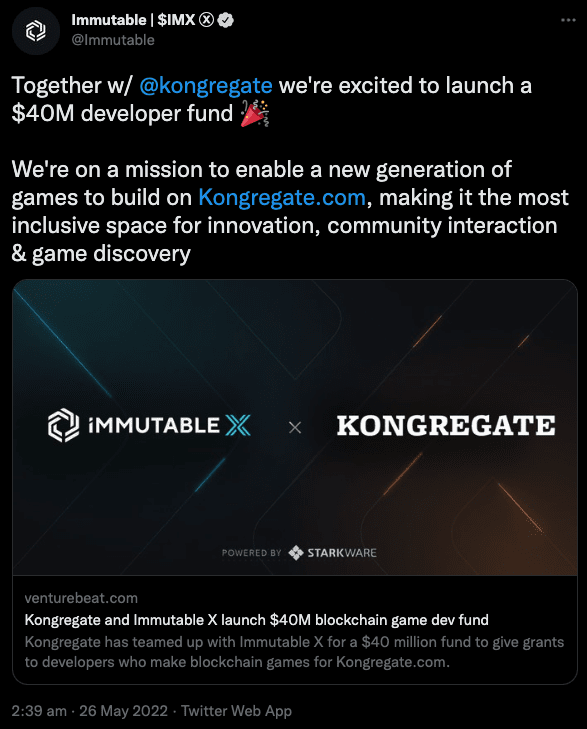 Immutable X partners with Kongregate to launch a 40M developer fund Binance News