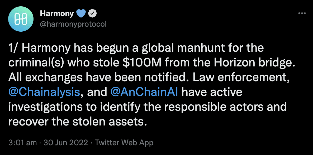 Harmony Protocol begins a global manhunt for the Horizon Bridge hackers(01)
