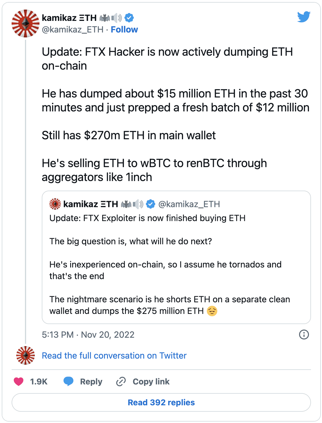 窃贼将数千个ETH 兑换成比特币，FTX 资金流出| Binance News发布于币安广场