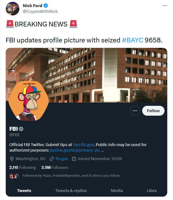 FBI Seizes 100K in NFTs and 86.5 ETH From Scammer Following ZachXBT