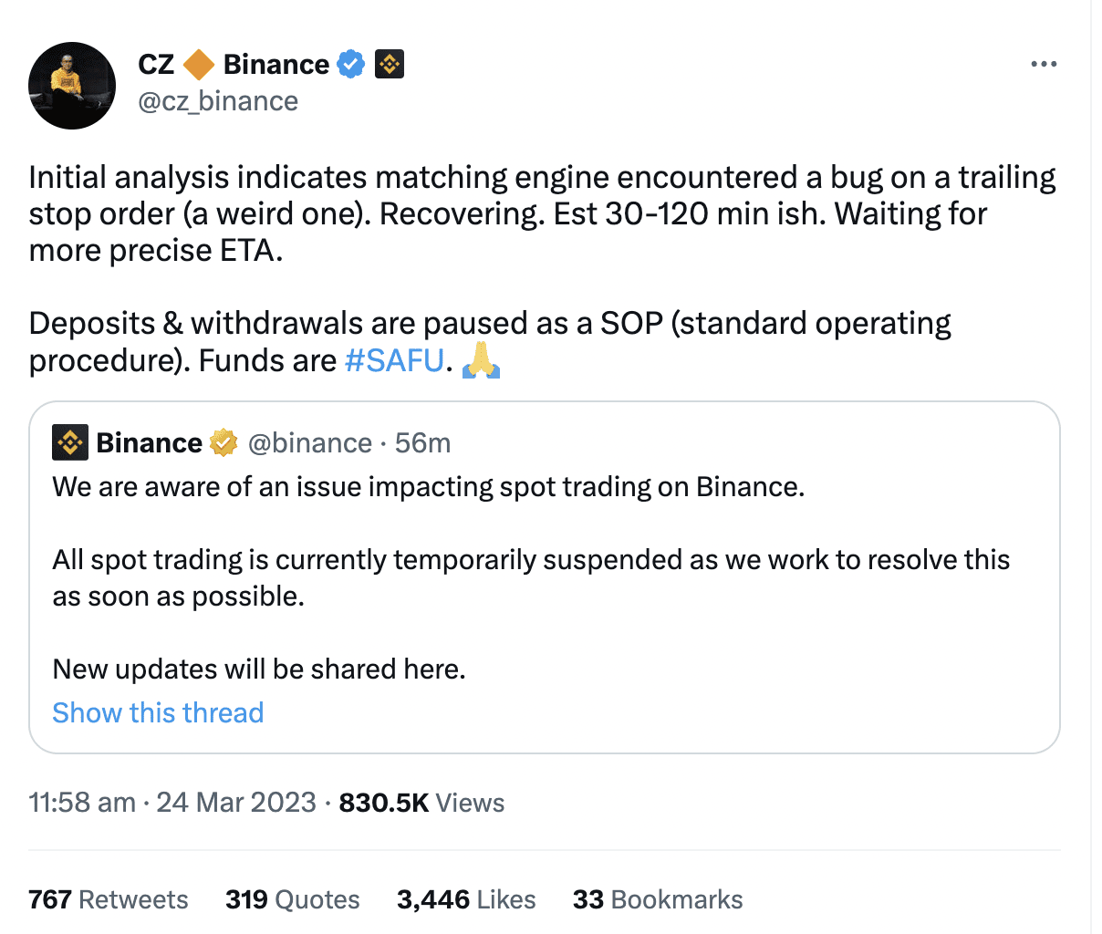 CZ Says Binance Spot Trading Issue Likely to Be Caused by Matching Engine  Bug | Binance News on Binance Square