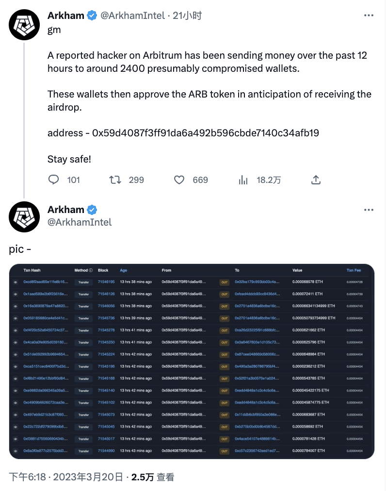 A hacker sent Ethereum to 2,400 private key leaked addresses in an attempt  to receive the ARB airdrop first | Binance News on Binance Square