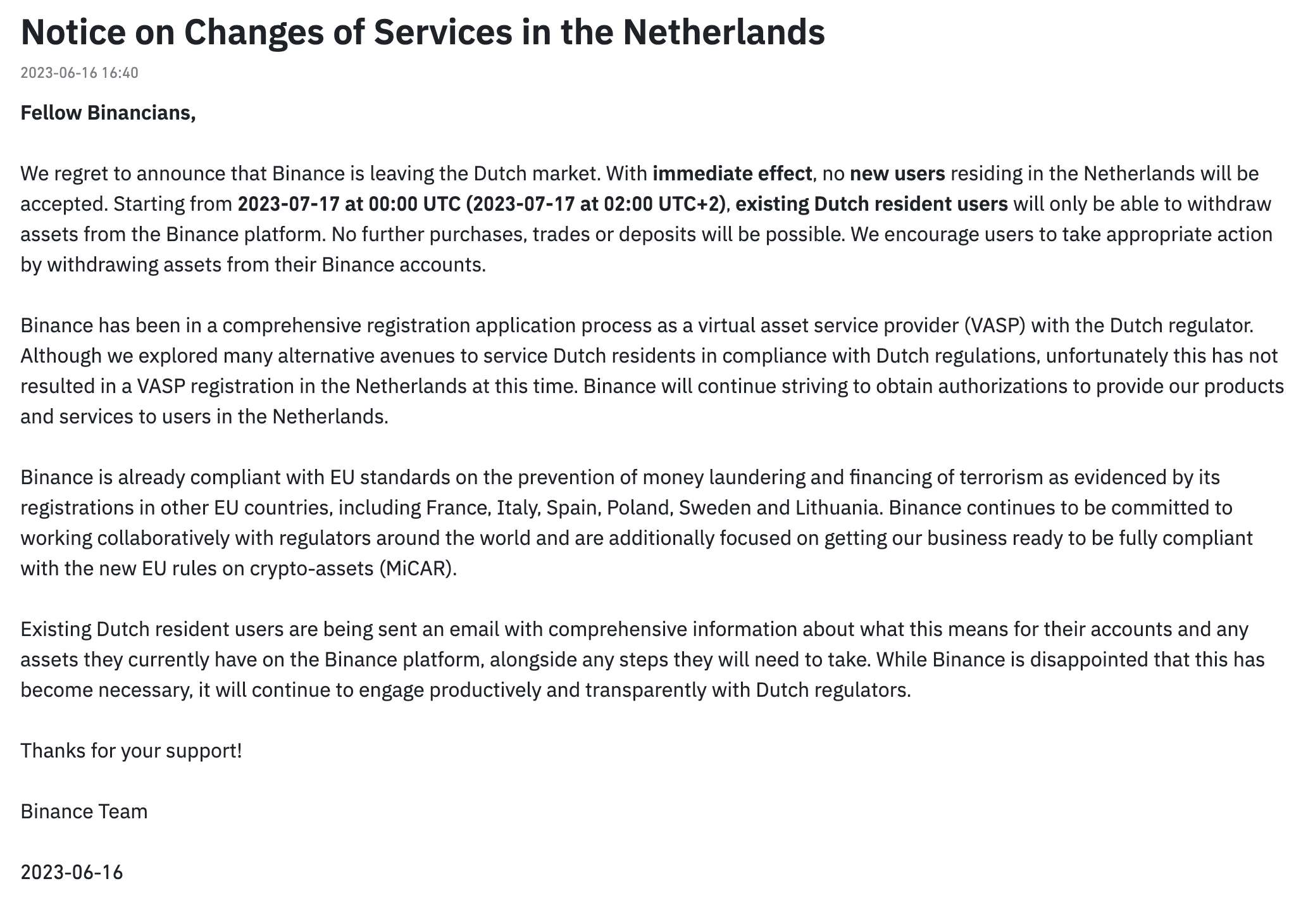 Binance announces withdrawal from the Dutch market | Binance News on  Binance Square