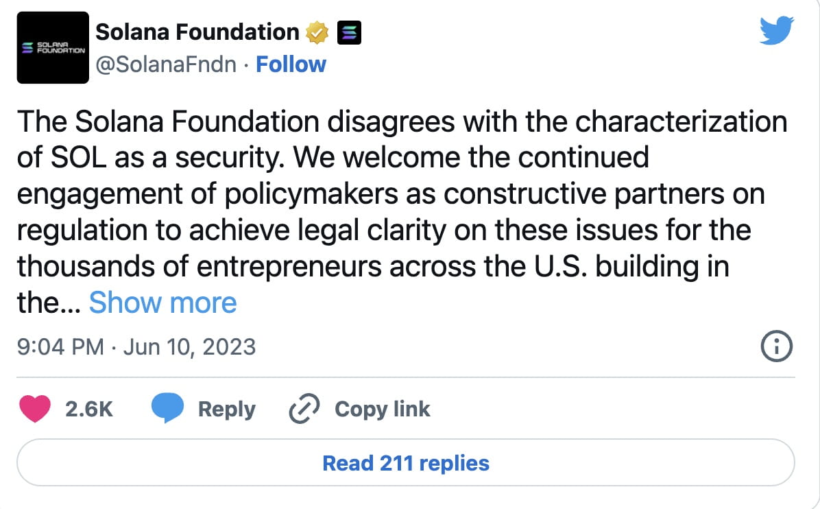 SOL Is Not a Security, Says the Solana Foundation | Binance News on Binance  Square