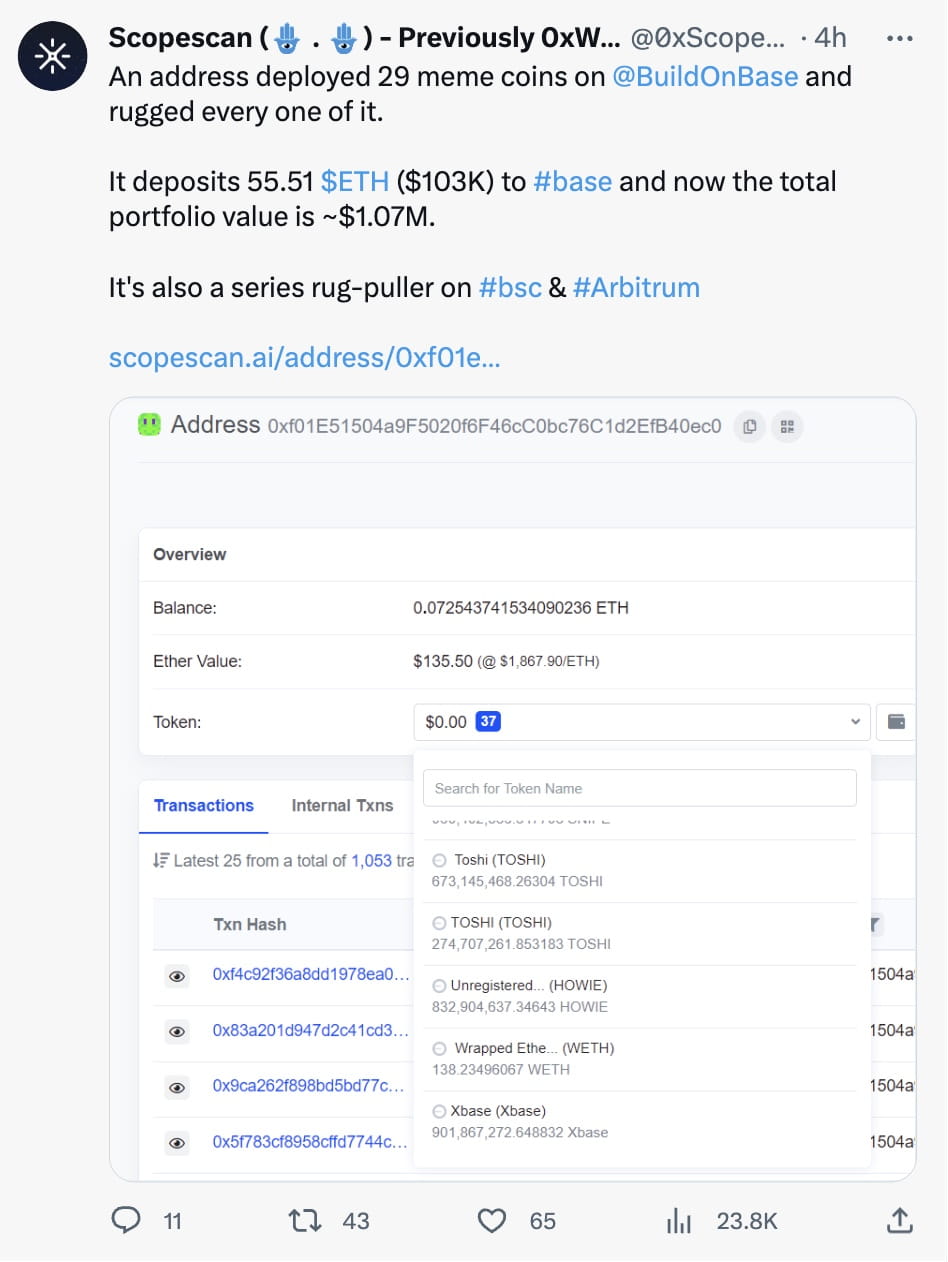 Address Deploying Multiple Rugpull Memecoins on Base, BSC, and Arbitrum |  Binance News on Binance Square