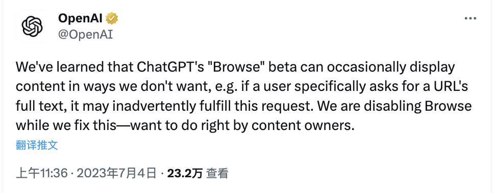 OpenAI: ChatGPT's browsing feature, which allows users to get the full ...