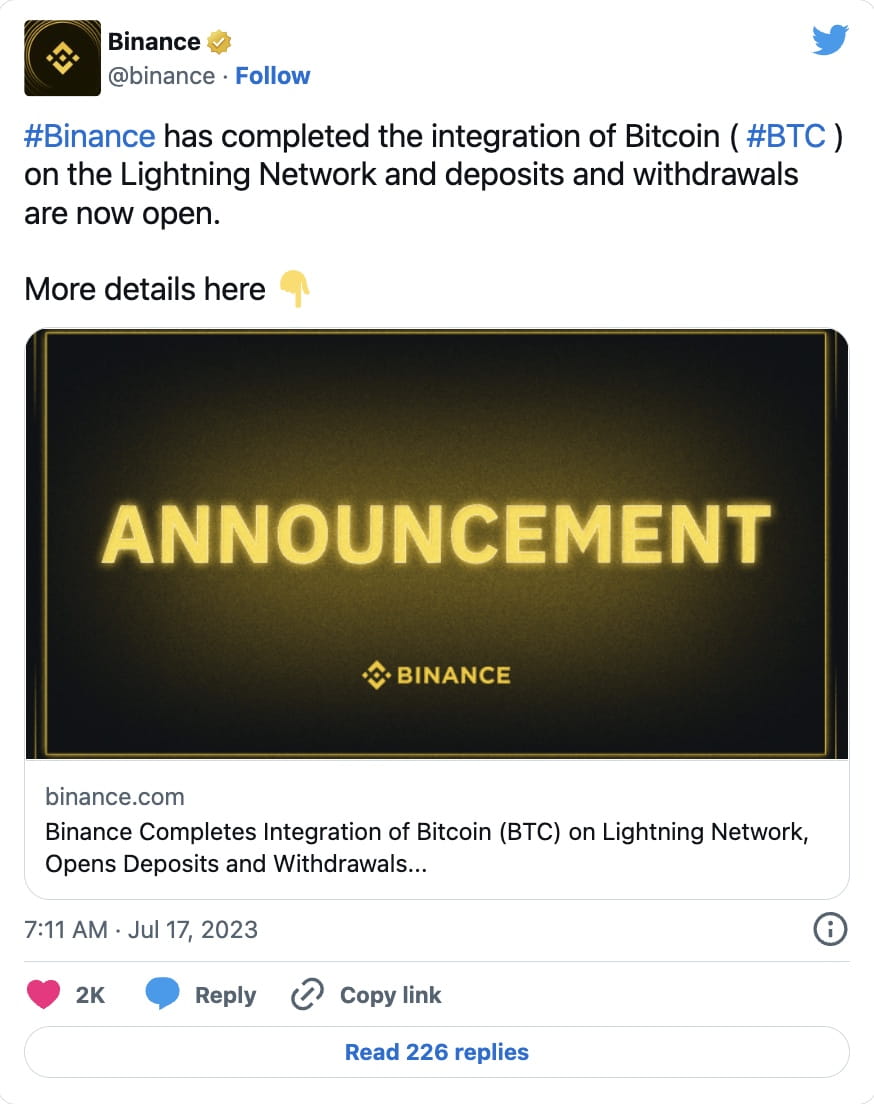 Binance Completes Integration of Bitcoin Lightning Network | Binance News  on Binance Square