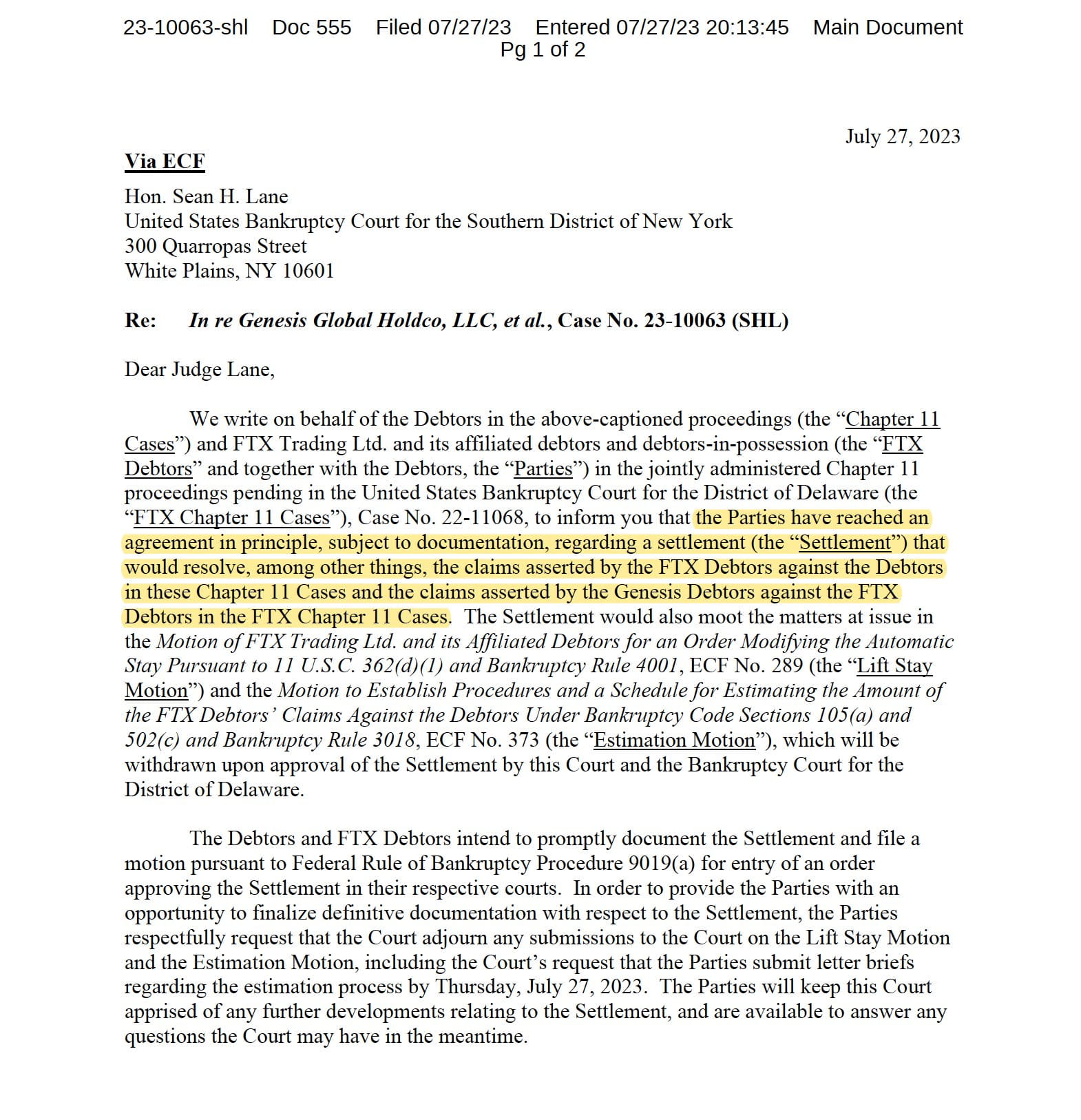 Ftx and genesis reach agreement in principle for settlement awaiting