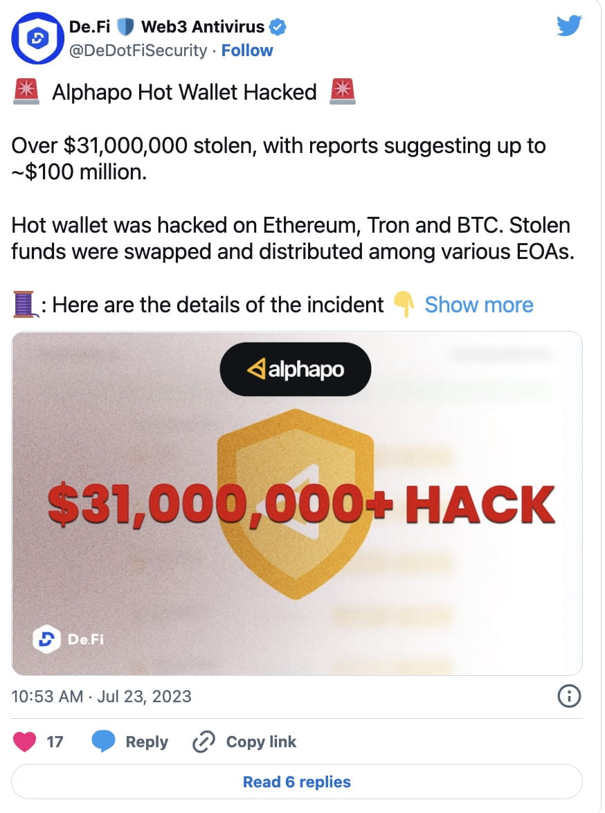 Alphapo Hot Wallets Hacked for Over $31 Million | Binance News on Binance  Square