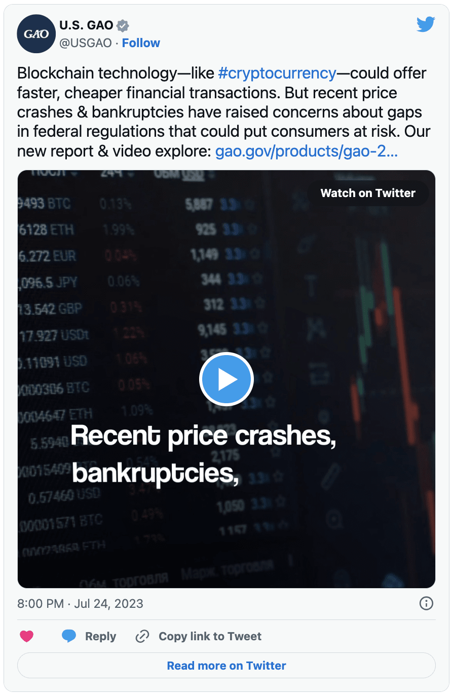 Federal Regulators Are Needed for Crypto Oversight: U.S. Accountability  Office | Binance News on Binance Square