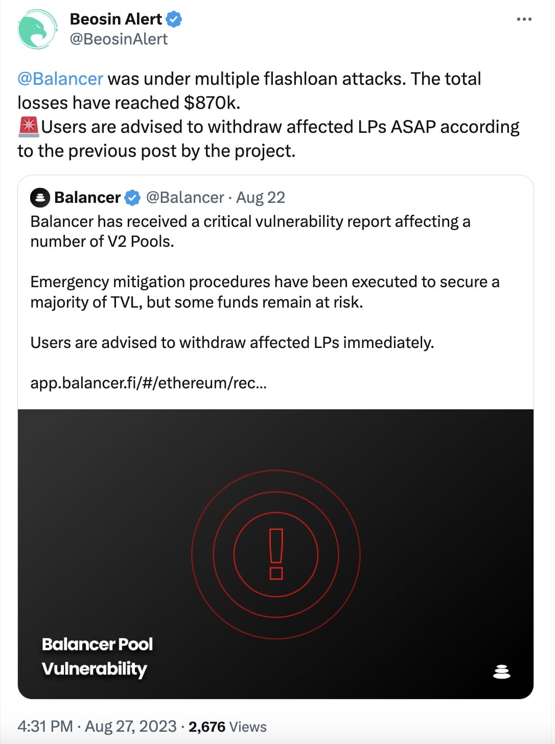 Balancer Loses $870,000 Due to Multiple Flash Loan Attacks | Binance News  on Binance Square