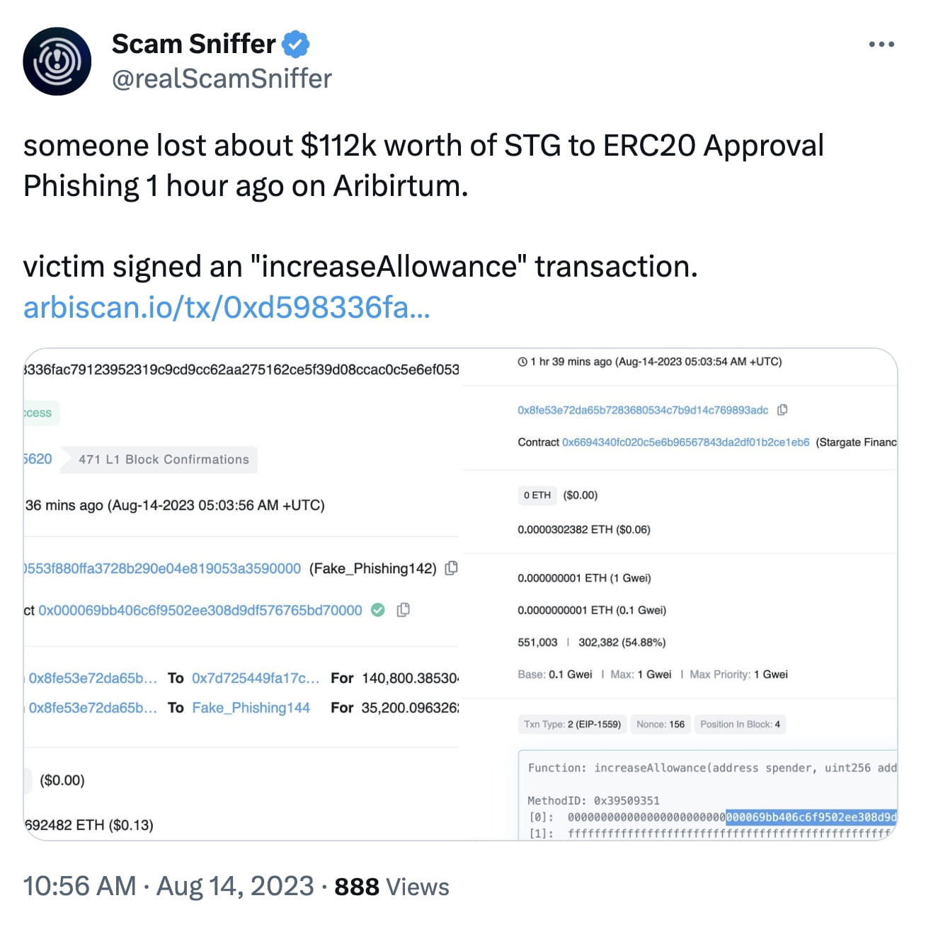 User Loses $112,000 in STG to ERC20 Approval Phishing on Aribirtum |  Binance News on Binance Square