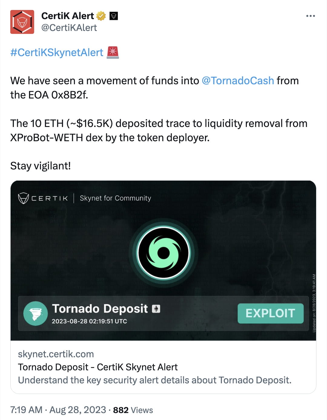 CertiK Alert: Funds Moved into Tornado Cash | Binance News on Binance Square