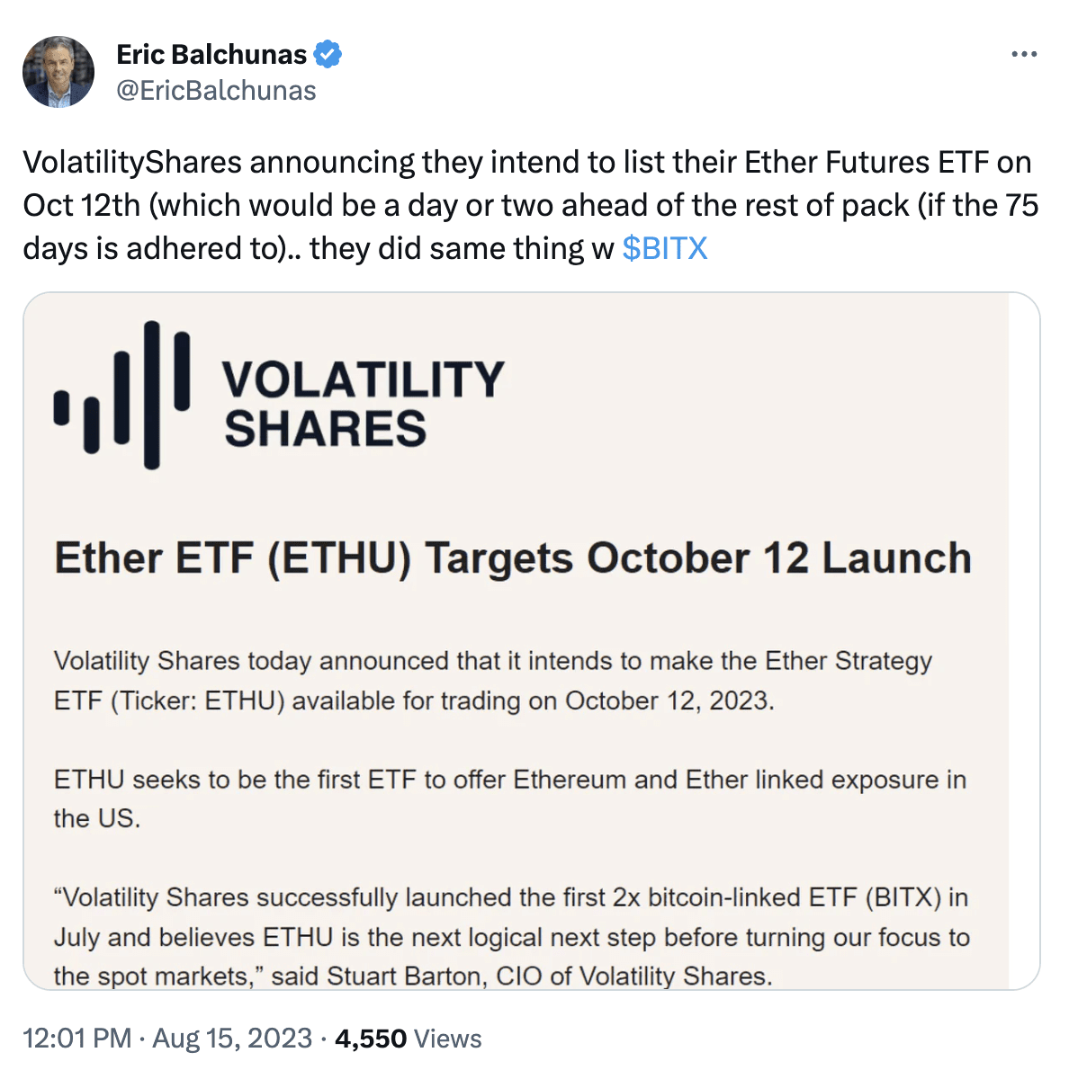 Volatility Shares Ethereum Futures ETF Expected to List on October 12 |  Binance News on Binance Square