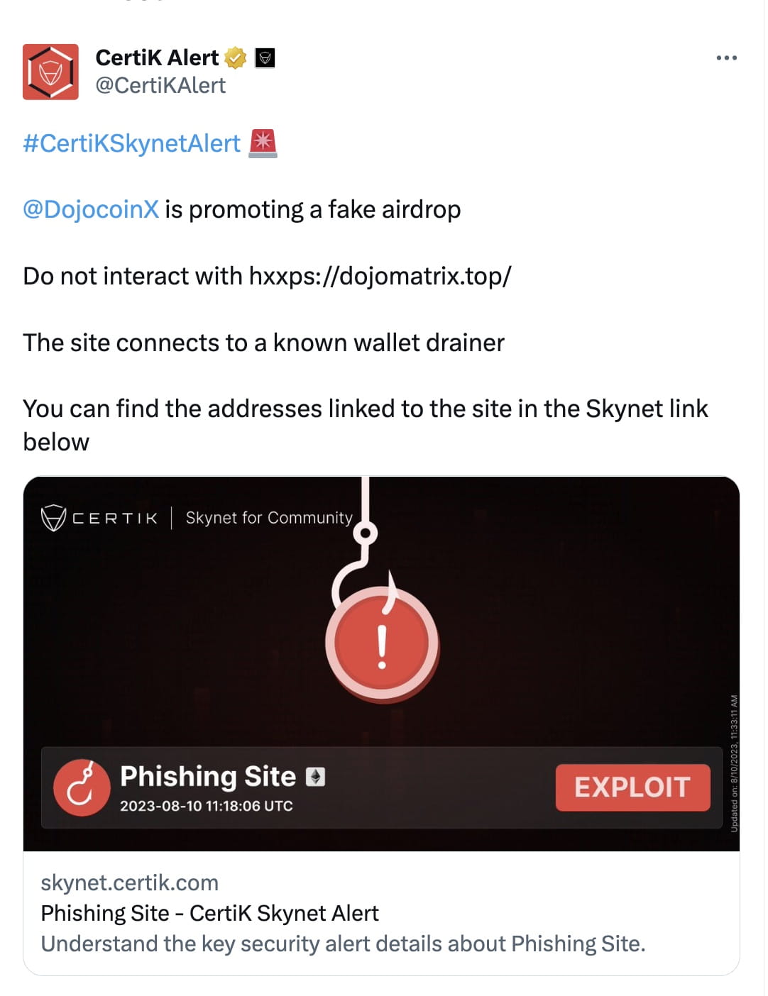 CertiK Alert Warns of Fake Airdrop Promoted by DojocoinX | Binance News on  Binance Square
