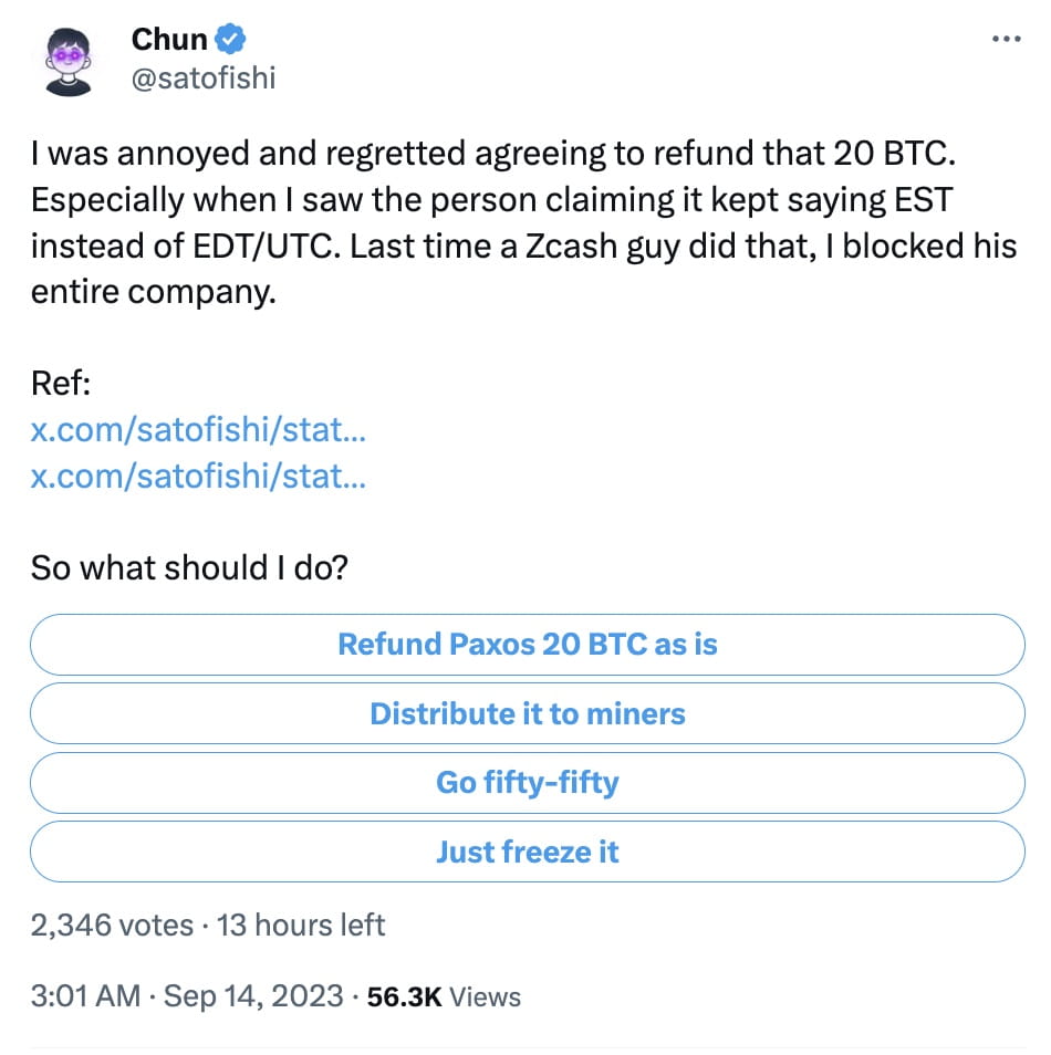 Bitcoin Miner Reconsiders Returning 20 BTC Mistakenly Received from Paxos |  Binance News on Binance Square