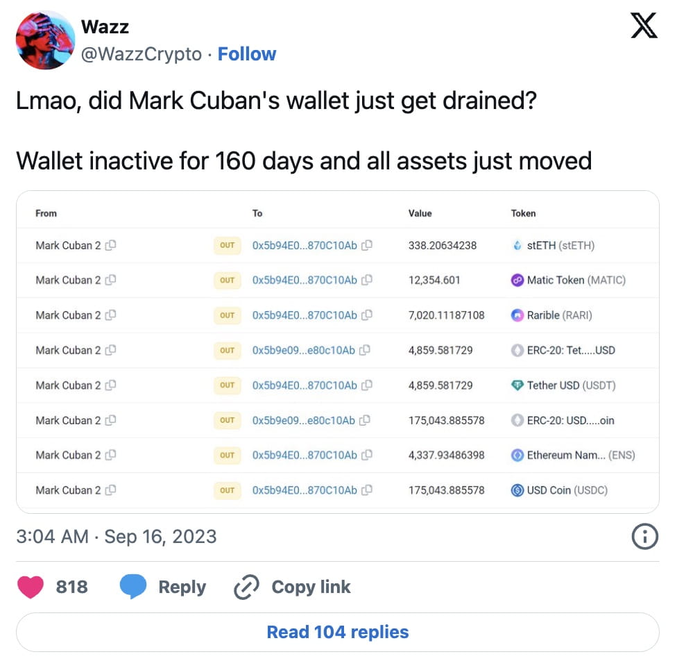 Binance Square-də Mark Cuban Confirms Hot Wallet Hack, Loses Nearly $900K  in Crypto | Binance News