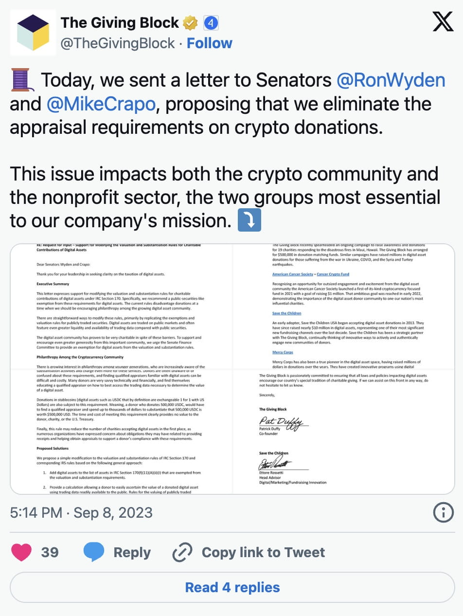 The Giving Block Urges US Senators to Scrap Crypto Donation Appraisal  Requirements | Binance News on Binance Square