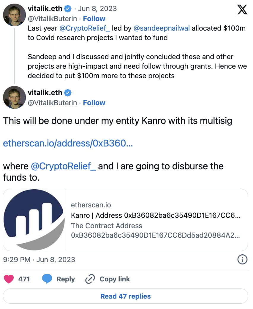 Vitalik Buterin-Related Biotech Charity, Kanro, Transfers $15M for Grant  Funding | Binance News on Binance Square