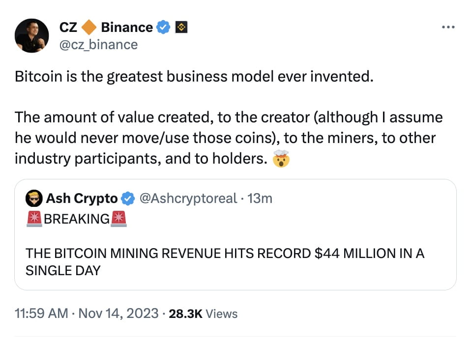 CZ: Bitcoin is The Greatest Business Model Ever Invented | Binance News ...