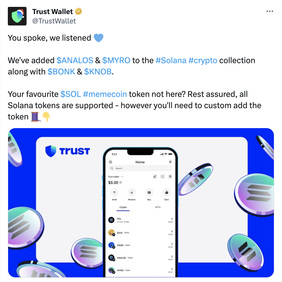 Trust Wallet adds support for ANALOS, MYRO, BONK and KNOB | Binance News on  Binance Square