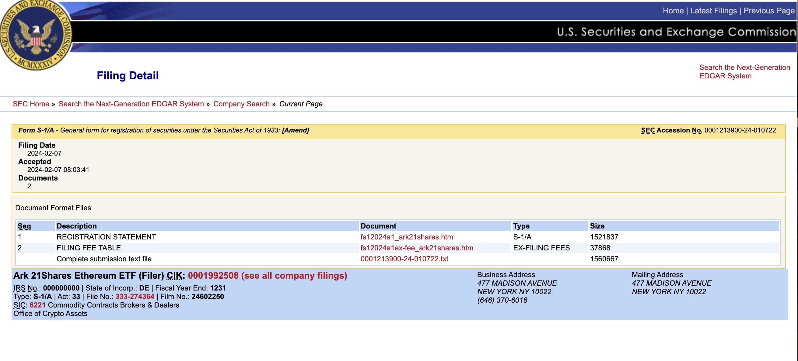 Ark 21Shares Submits Revised Registration for Spot Ethereum ETF to SEC |  Binance News on Binance Square