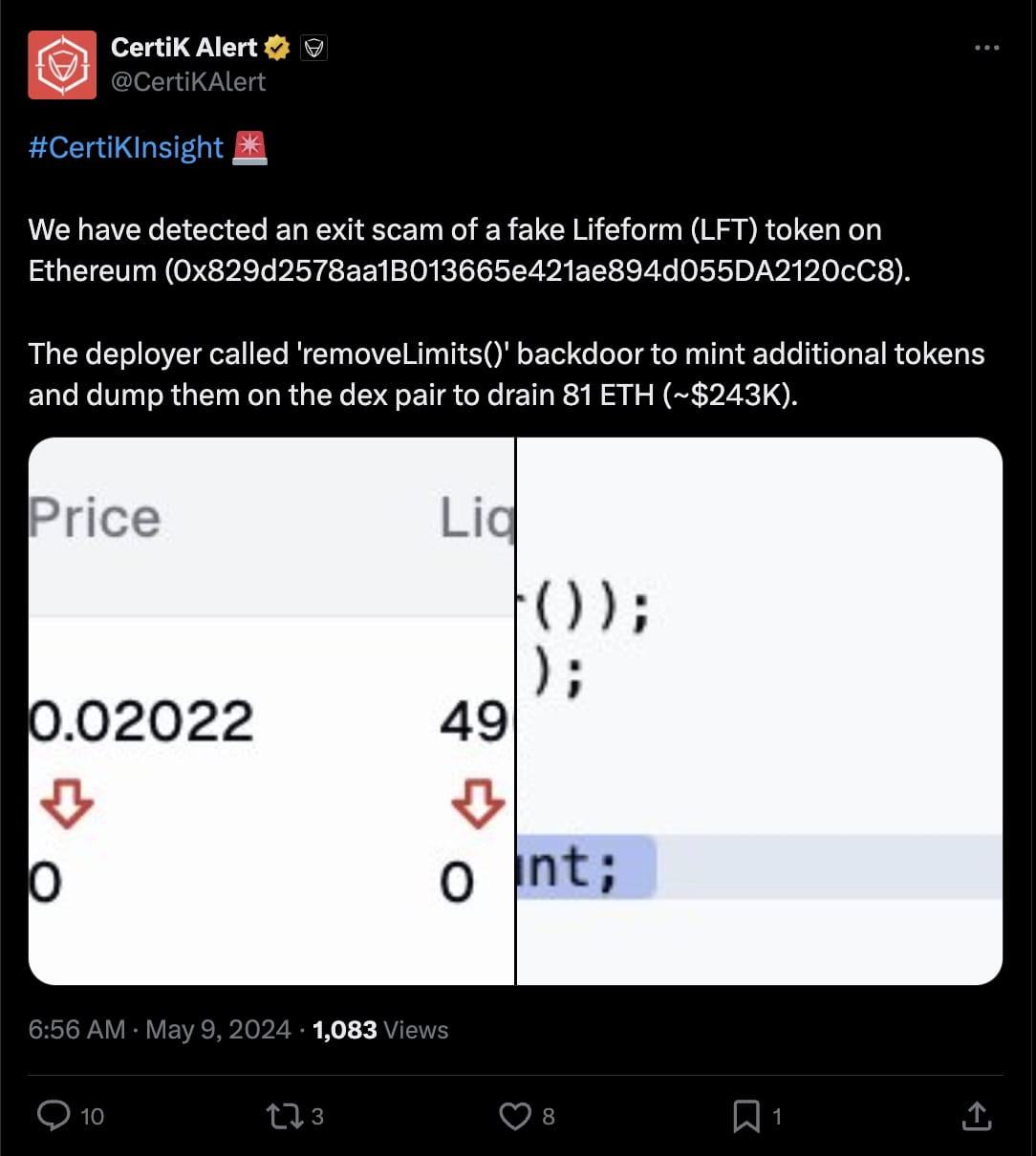 CertiKAlert Detects $243K Exit Scam on Fake Lifeform Tokens | Binance News  on Binance Square