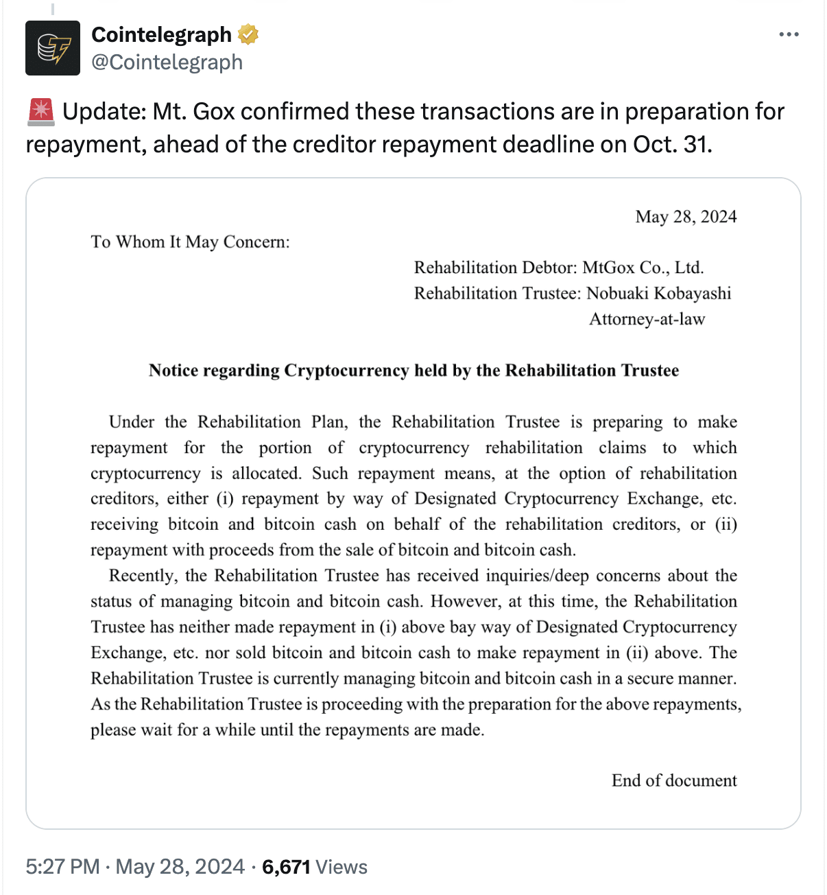 Mt.Gox confirms bitcoin transfer in preparation for October 31 creditor  repayment deadline | Binance News on Binance Square