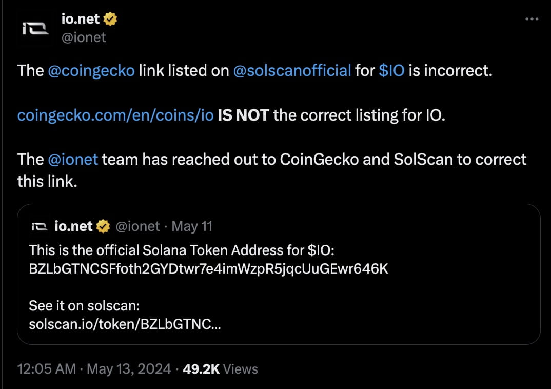 io.net Takes Steps to Correct Incorrect Official Contract Address On  CoinGecko | Binance News on Binance Square