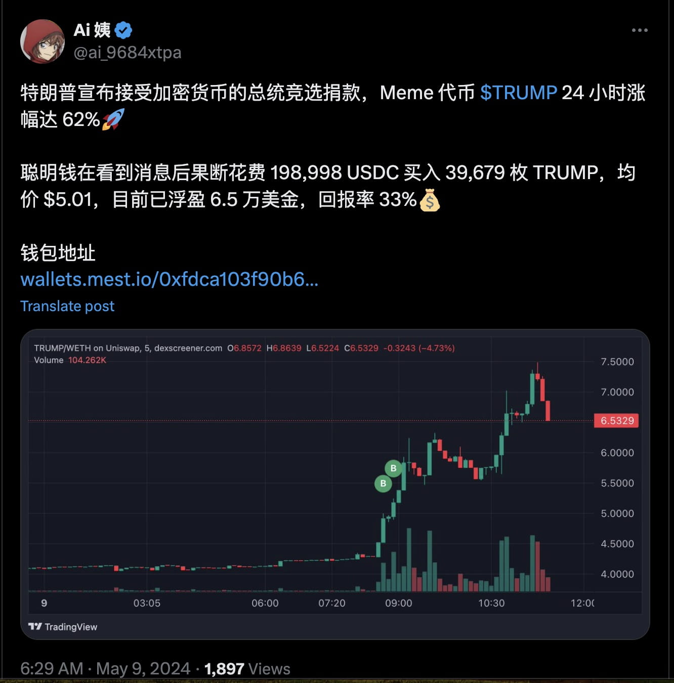 川普代币在加密货币捐赠新闻中飙升后，Smart Money 地址获利65,000 美元| Binance News发布于币安广场