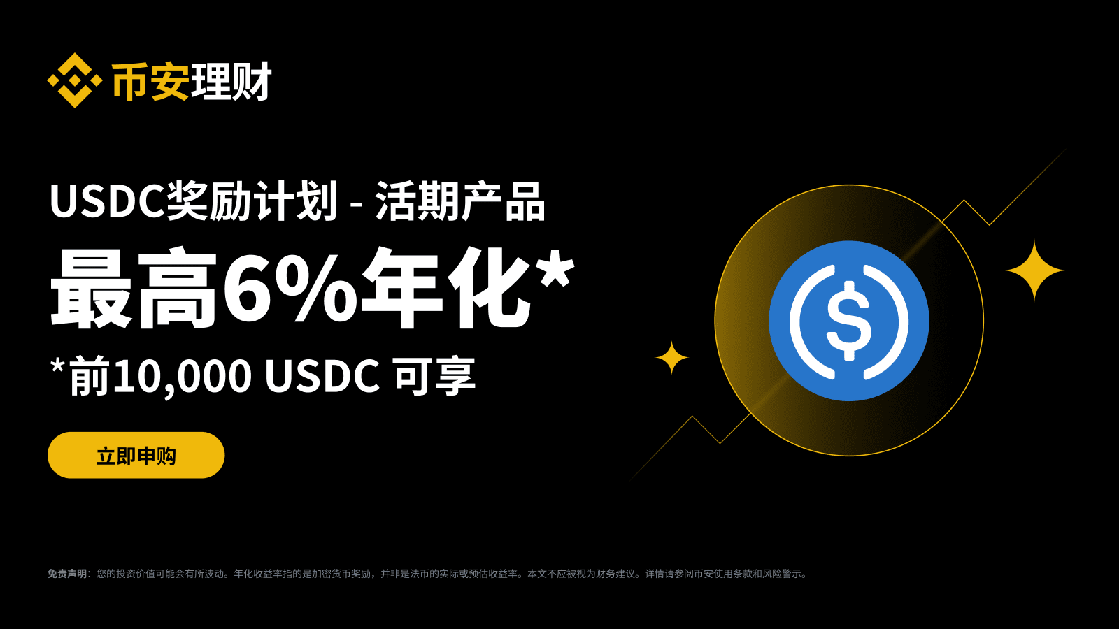 币安USDC奖励计划：申购USDC活期产品，前10,000 USDC 可享最高6%年化收益率！ | 币安公告,币安最新消息