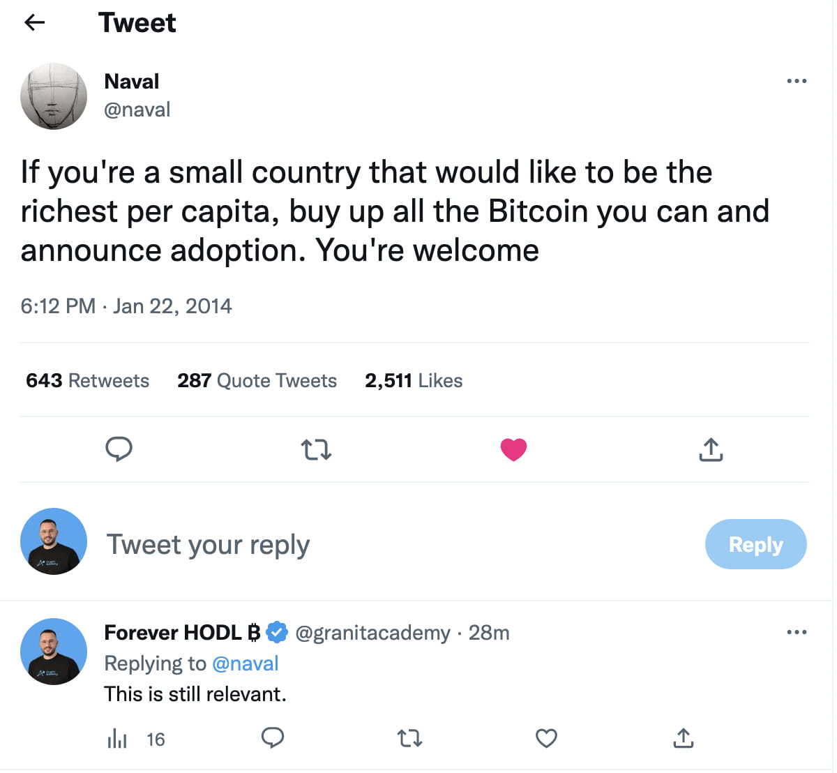 Naval Ravikant 2014 - posted a tweet about Bitcoin 