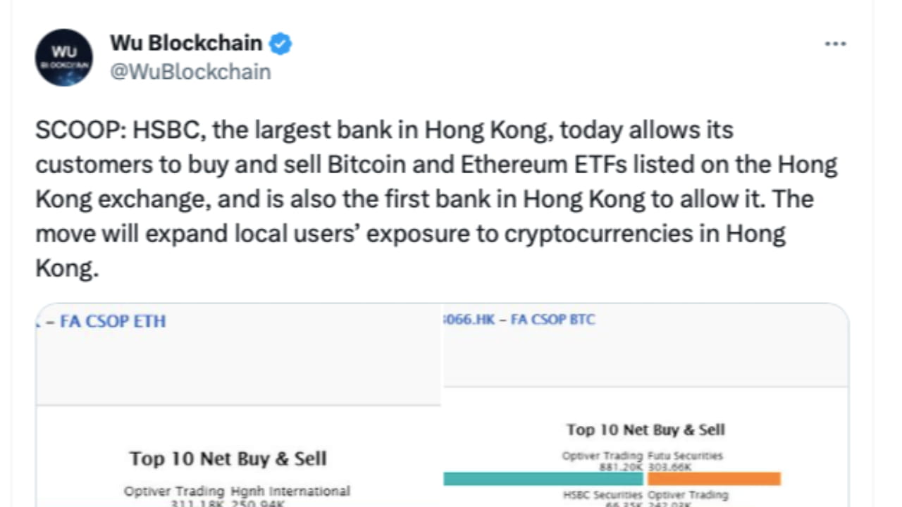 HSBC Hong Kong Becomes First Bank to Allow Bitcoin and Ether ETF Trading |  Official CryptoPatel on Binance Square