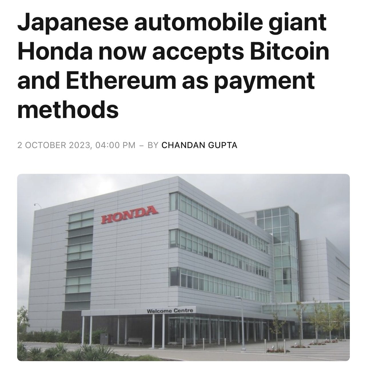 Honda Accepts Bitcoin