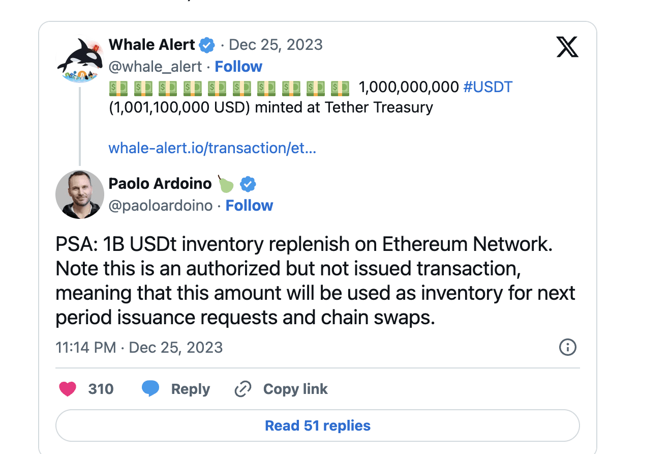 Tether Treasury Mints 1 Billion USDT, Addresses Liquidity Management |  CoinPhoton on Binance Square