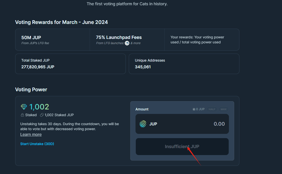 有兄弟们问jup如何质押。很简单。打开网站https://vote.jup.ag/ 然后链接钱包。然后选择质押数量。质| 塞里斯sur Binance  Square