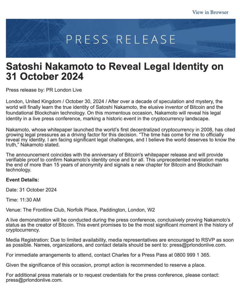 Satoshi Nakamoto to Reveal Legal Identity on 31 October 2024 | X mucaN en  Binance Square