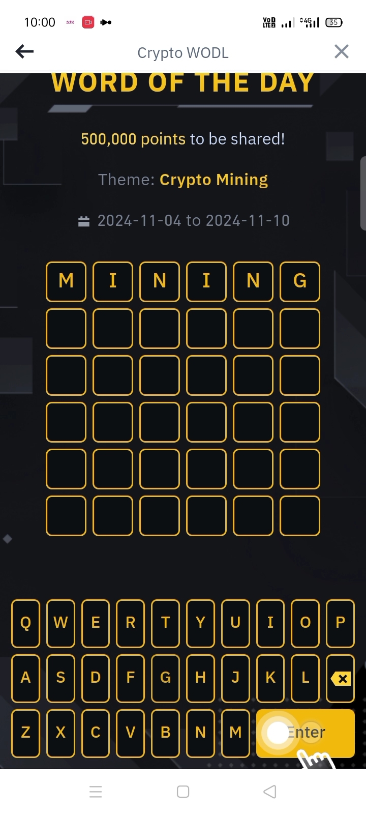 Сегодня WODL 6 букв Binance тема Крипто Майнинг #USElections2024Countdown  #NovemberMarketAnalysis #TetherAEDLaunch #GrayscaleXRPTrust #29thBNBBurn |  CoinEmpress на Binance Square