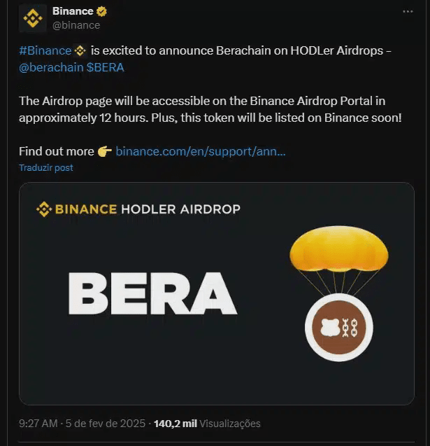 Binance revela airdrop e listagem do projeto Berachain (BERA). Fonte: X.