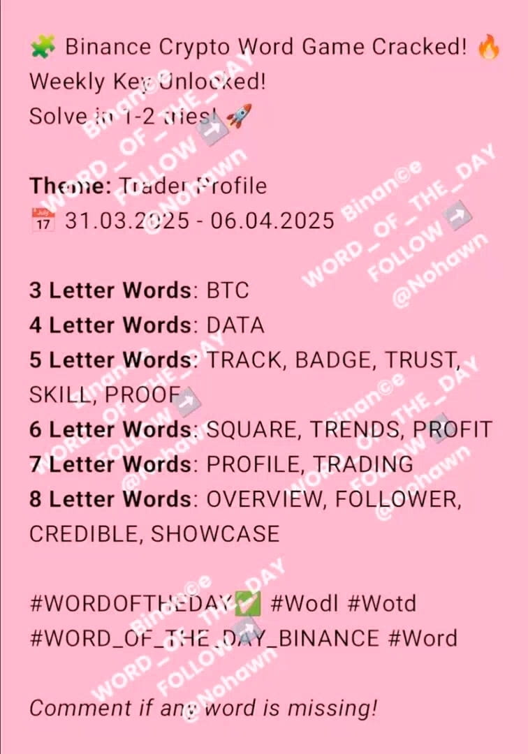 🧩 Binance Crypto Word Game Cracked! 🔥 | Weekly Key Unlocked! Solve in 1-2  tries! 🚀 Theme: Trader Profile 📅 31.03.2025 - 06.04.2025 #WORDOFTHEDAY✓  #Wodl #Wotd #WORD_OF_THE_DAY_BINANCE #WORD Comment if any word is missing!  | Dr Nohawn on Binance Square