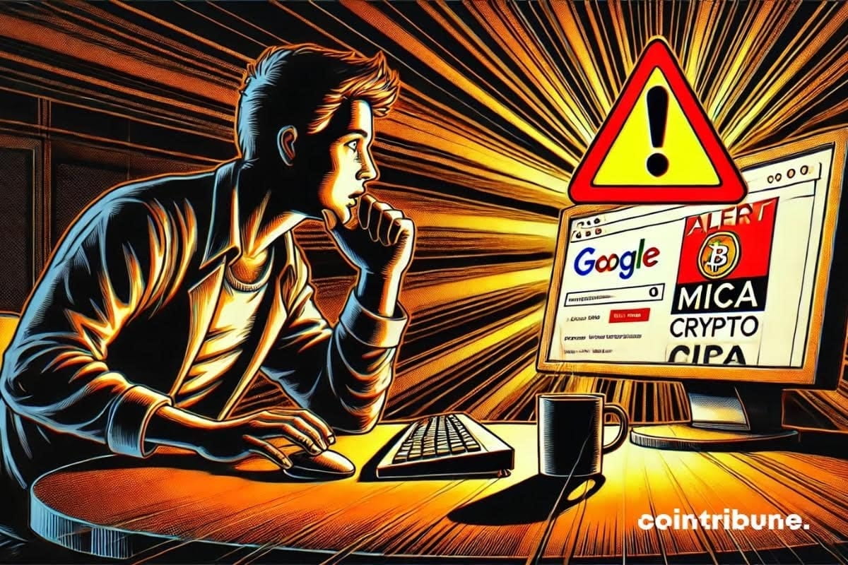 Un investisseur crypto devant une publicité crypto sur Google qui affiche une alerte MiCA.