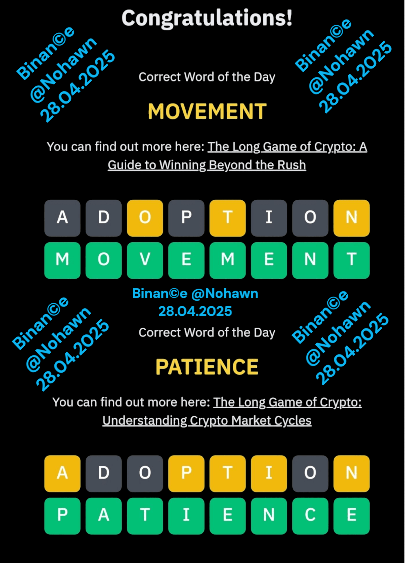⚡ Binance WODL Solved! Word of The Day Weekly Key Secured! 🧩🚀 Crack it  fast in just 1-2 tries! Theme: The Long Game of Crypto 📅 28.04.2025 -  04.05.2025 3-Letter Words: 4-Letter