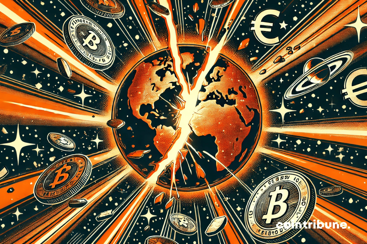 Une pièce géante d'un quart de dollar, stylisée comme la planète Terre flottant dans l'espace, vue de biais. Une fissure orange vif la traverse, évoquant un effondrement monétaire mondial. Autour d'elle flottent des fragments de monnaie et des symboles économiques disloqués (€ ¥ ₿), dans un vide noir profond ponctué d'étoiles blanches. Le dessin énergique et la palette orange, noire et blanche rappellent l'intensité dramatique des bandes dessinées des années 1970.