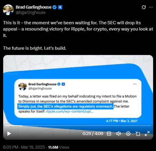 Ripple CEO, Brad Garlinghouse says SEC will drop its appeal.