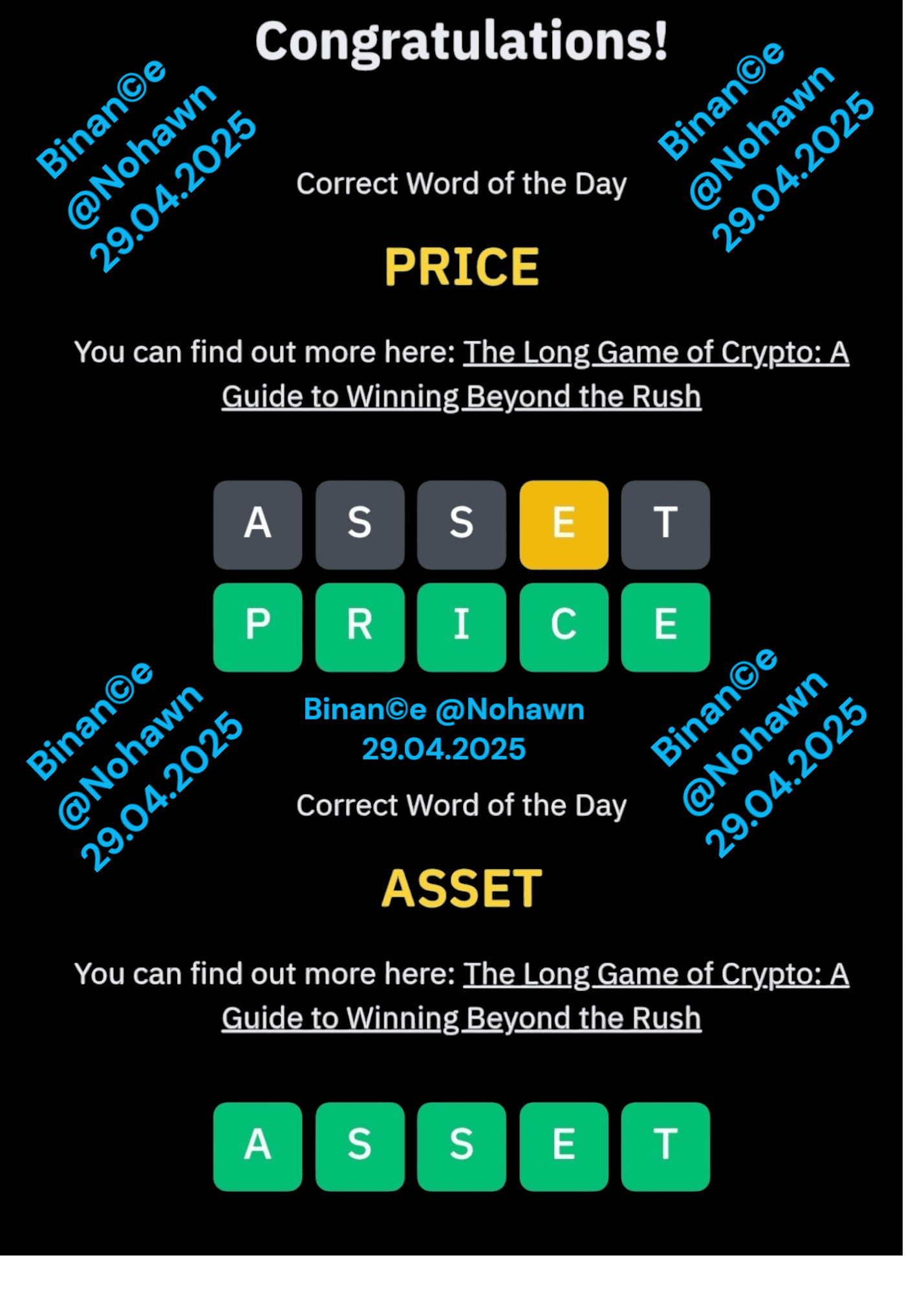 ⚡ Binance WODL Solved! Word of The Day Weekly Key Secured! 🧩🚀 Crack it  fast in just 1-2 tries! Theme: The Long Game of Crypto 📅 28.04.2025 -  04.05.2025 3-Letter Words: 4-Letter