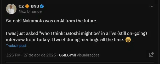 Changpeng Zhao, fundador da Binance, fala sobre Satoshi Nakamoto. Fonte: X.