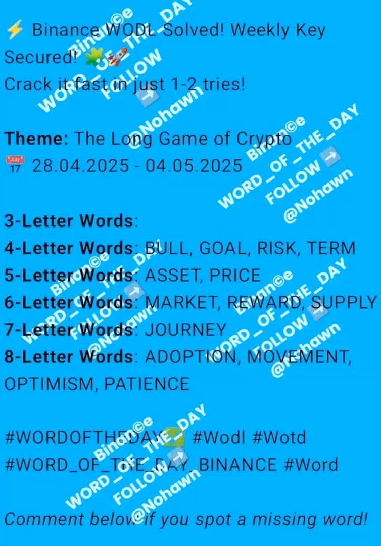 ⚡ Binance WODL Solved! Word of The Day Weekly Key Secured! 🧩🚀 Crack it  fast in just 1-2 tries! Theme: The Long Game of Crypto 📅 28.04.2025 -  04.05.2025 3-Letter Words: 4-Letter