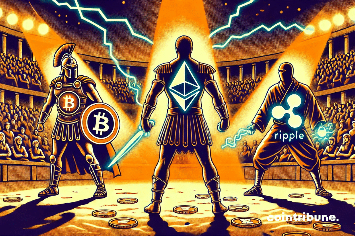 Trois avatars emblématiques de Bitcoin, Ethereum et Ripple s’affrontent dans une arène.