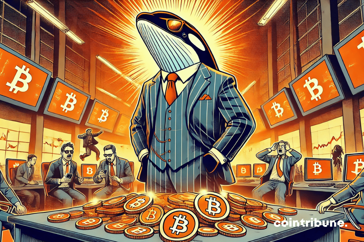 Illustration de la tension et le contraste entre la puissance calme de la baleine bitcoin et la panique des petits porteurs.